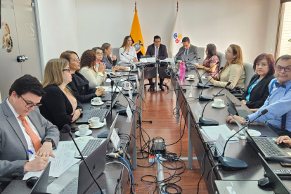 La titular de la Senescyt, Ana Changuín; y el presidente del CES, Pablo Beltrán (al fondo), durante la parte inicial de la sesión.