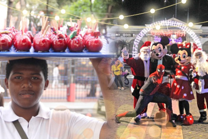 Recorrido. Entre los rostros que decoran la navidad en Guayaquil, están los vendedores ambulantes y quienes se disfrazan del icónico Papa Noel para avivar las fiestas.