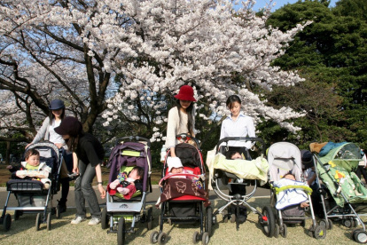 Un grupo de madres japonesas y sus niños disfrutan del espectáculo de los cerezos en flor en el parque Shinjuku, de Tokio
