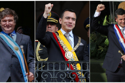 Combo de fotografías de archivo de los presidentes de Argentina, Javier Milei (i); de Ecuador, Daniel Noboa (c); y de Paraguay, Santiago Peña.
