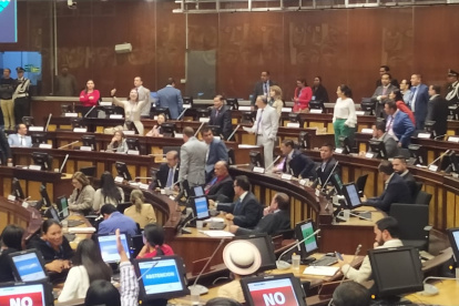 Al fondo, la asambleísta Ana Galarza gesticula y reclama a los legisladores del correísmo.
