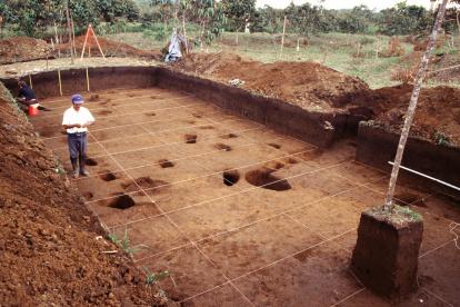 Varias aparecen personas trabajan durante una excavación arqueológica a gran escala en una plataforma de tierra del sitio Sangay en el Valle del Upano en Ecuador.