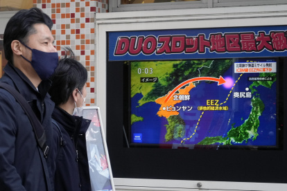 Imagen de unos viandantes observando en un monitor un lanzamiento de un misil balístico norcoreano.