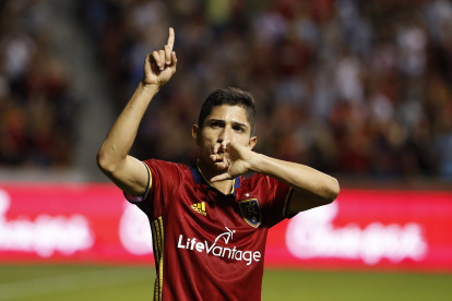 Aug 23, 2017; Sandy, UT, USA; Real Salt Lake forward Jefferson Savarino (7) celebrates his second half goal against the San Jose Earthquakes at Rio Tinto Stadium. Mandatory Credit: Jeff Swinger-USA TODAY Sports