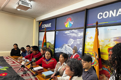 Representantes de la Conaie y Yasunidos en rueda de prensa sobre el ITT este 25 de enero de 2024.