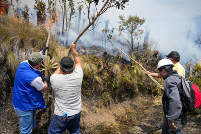 Personas intentan apagar un incendio, en la reserva ecológica ecuatoriana El Ángel, en la provincia de Carchi (Ecuador).