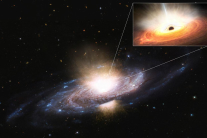 Vista lateral de una galaxia con brazos espirales de estrellas azules brillantes separadas por bandas oscuras de polvo interestelar.