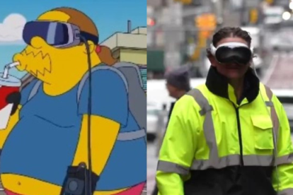 Comparación del episodio de Los Simpson con una fotografía real de una persona usando los Apple Vision Pro en la calle