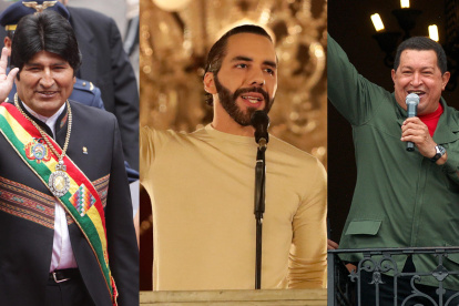 Combo de fotografías de archivo: Evo Morales, Nayib Bukele y Hugo Chávez.