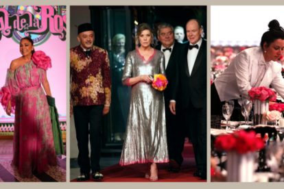 En la gala de 2023, Isabel Pantoja llamó la atención con su traje de grandes rosas. En la foto central, la princesa Carolina y el príncipe Alberto junto a Christian Louboutin (segundo a la izquierda).