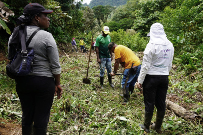Un grupo de investigadores y habitantes del sector que trabajan en la recuperación de restos mortales de cinco desaparecidos, en una zona rural de Tadó departamento de Chocó (Colombia).