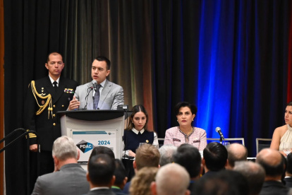 El presidente de la República, Daniel Noboa, en su intervención en PDAC 2024.