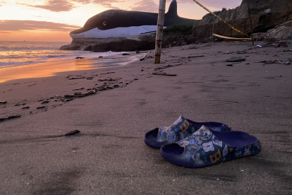 Tragedia. Las zapatillas de Matías, uno de los menores que fallecieron en playa Delfín, quedaron en la playa.