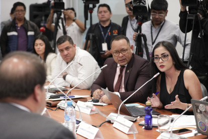 Correístas. Hombro con hombro, Ronal González y Viviana Veloz se enfrentan con el presidente de la Judicatura, Álvaro Román, y lo asfixian con retórica.