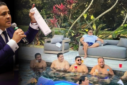 Figura. En 2022, Ronny Aleaga acudió a Miami a una fiesta en casa del prófugo Xavier Jordán. En la cita imagen aparece Leandro Cortázar, hoy prófugo en el caso Encuentro