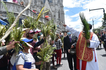Los fieles católicos llevan las palmas para bendecirlas.