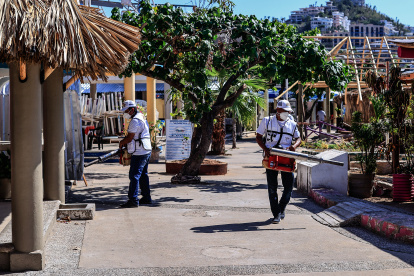 Trabajadores participan en una jornada de fumigación en zonas propensas a la proliferación de los mosquitos transmisores del dengue, en Acapulco (México).