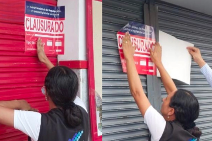 Medida.- Dos miembros de Arcsa pone el sello de clausura en la puerta de un supermercado en Ibarra.