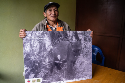 Hilario Rojas Guerrero posa con una impresión de una imagen obtenida con la cámara trampa ubicada en la zona de conservación Chicuate - Chinguelas, en la región Piura. Crédito: Leslie Moreno Custodio