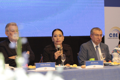 La presidenta del Consejo Nacional Electoral (CNE), Diana Atamaint, en conversatorio con la prensa.