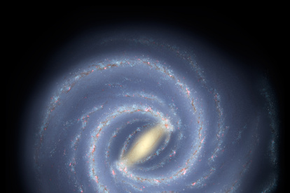 Impresión artística de la estructura de la Vía Láctea. La barra es la estructura alargada amarillenta que cruza el centro de la galaxia.