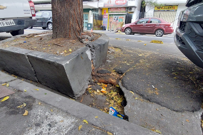 Una jardinera dañada en las calles 10 de Agosto y Los Ríos.