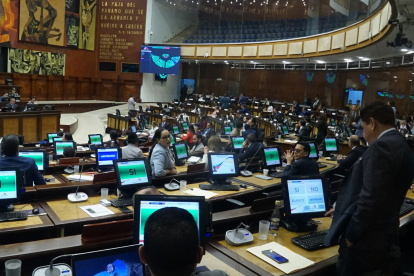 Pleno. La bancada de gobierno, a través de la asambleísta Nicole Saca, mocionó la destitución del exministro Fernando Santos Alvite.