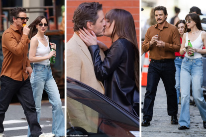 El chileno Pedro Pascal y la estadounidense Dakota Johnson en la grabación de la película "Materialists".