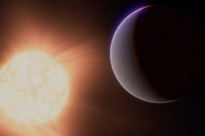 Representación artística de 55 Cancri e y su estrella. Crédito: NASA, ESA, CSA, R. Crawford (STScI)