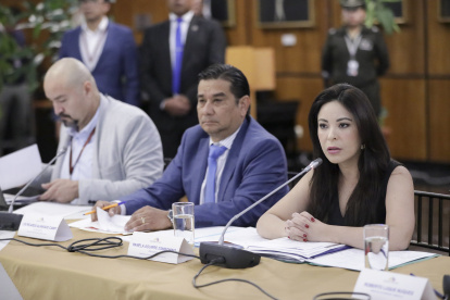 La asambleísta del correísmo, Pamela Aguirre, preside la mesa de Fiscalización.