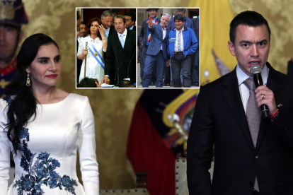 Foto general: presidente de Ecuador Daniel Noboa y a la vicepresidenta Verónica Abad. Arriba: la presidenta de Argentina Cristina Fernández y el vicepresidente Julio Cobos y, el presidente de Bolivia Evo Morales y el vicepresidente Álvaro García Linera.