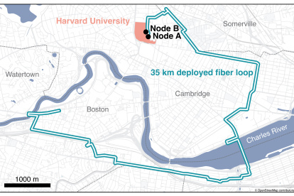 Mapa que muestra la trayectoria de la red cuántica de dos nodos a través de Cambridge y Boston