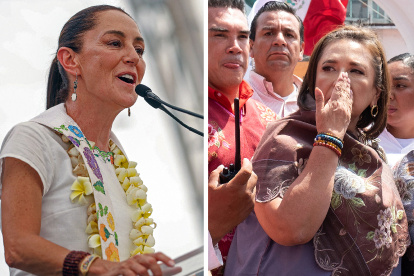 Las candidatas a la presidencia, la oficialista Claudia Sheinbaum (i) y la opositora Xóchitl Gálvez durante su participación en diferentes actos políticos en el municipio de Tuxtla Gutiérrez.