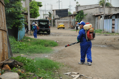 Cuadrillas municipales de fumigación en barrios de Guayaquil en una pasada campaña de prevención.
