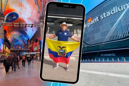Fernando Álvarez, y su bandera en el Allegiant Stadium de Las Vegas, donde jugará Ecuador vs Jamaica.