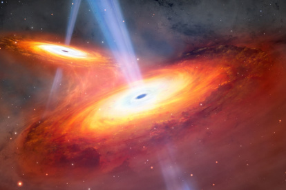 Esta ilustración muestra dos cuásares en proceso de fusión. Un equipo de astrónomos ha descubierto una pareja de cuásares en proceso de fusión observados tan sólo 900 millones de años después del Big Bang, gracias al telescopio Gemini North, que forma parte del Observatorio Internacional Gemini, financiado en parte por la Fundación Nacional de la Ciencia de Estados Unidos y gestionado por el NSF NOIRLab, y al telescopio Subaru. No sólo se trata de la pareja de cuásares fusionados más distante jamás encontrada, sino también de la primera pareja confirmada hallada en el periodo del Universo conocido como Amanecer Cósmico. Crédito.  Observatorio Internacional Gemini/NOIRLab/NSF/AURA/M. Garlick