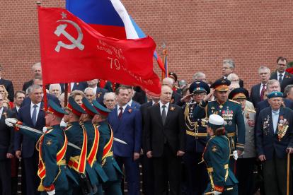 Moscú. El presidente Vladímir Putin, el primer ministro Dmitri Medvédev y el ministro de Defensa, Serguéi Shoigu.