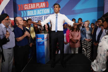 Londres. Rishi Sunak, primer ministro, en mitin del Partido Conservador.