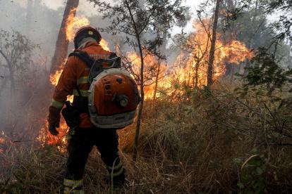 Un bombero trabaja en la extinción de un incendio este domingo 30 de junio en Pantanal (Brasil).