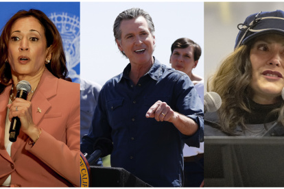 Combo de tres fotografías de archivo de la actual vicepresidenta, Kamala Harris (i), y los gobernadores de California, Gavin Newsom (c), y de Míchigan, Gretchen Whitmer.