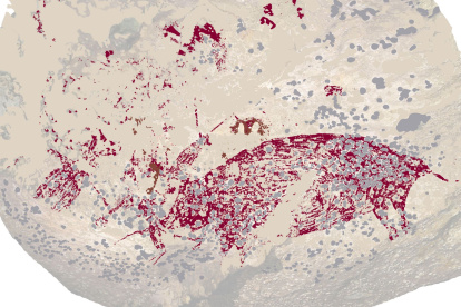 Imagen del Panel de arte rupestre fechado en Leang Karampuang. Imagen cedida por la Universidad Griffith, en Australia.