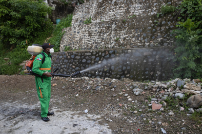 Un integrante de la Comisión Militar y Policial fumiga para eliminar criaderos del mosquito.