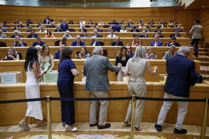 Senadoras y senadores introducen su papeleta durante la votación para la elección de vocales del CGPJ, este miércoles durante su intervención en el pleno del Senado en Madrid.