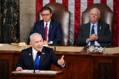 El primer ministro de Israel, Benjamin Netanyahu, pronuncia un discurso en una reunión conjunta del Congreso en la Cámara de Representantes de Estados Unidos, en el Capitolio de Washington, DC, Estados Unidos.