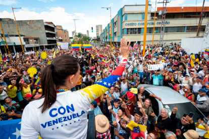 La opositora María Corina Machado durante un mitin político previo a las elecciones venezolanas.
