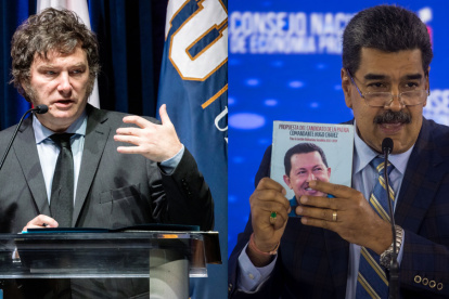 Combo de dos fotografías de archivo de los presidentes de Argentina, Javier Milei (i), y de Venezuela, Nicolás Maduro.