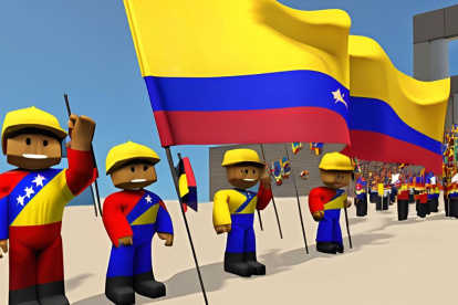 Imagen referencial generada con inteligencia artificial de personajes de Roblox en una protesta con banderas de Venezuela
