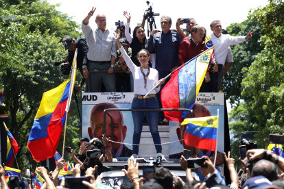 La líder opositora de Venezuela, María Corina Machado, durante una protesta en rechazo a los resultados oficiales de las elecciones presidenciales.