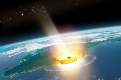 Impresión artística del impacto de un gran asteroide en la Tierra, como el de Chicxulub, que provocó la extinción masiva del Cretácico, hace 66 millones de años. La ilustración muestra el impacto de un asteroide en Chicxulub. Al fondo, el planeta Marte y cuerpos de asteroides.