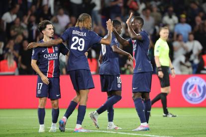 Los jugadores de PSG celebran uno de los goles conseguidos ante Montpellier, en la fecha 2 de la Ligue 1